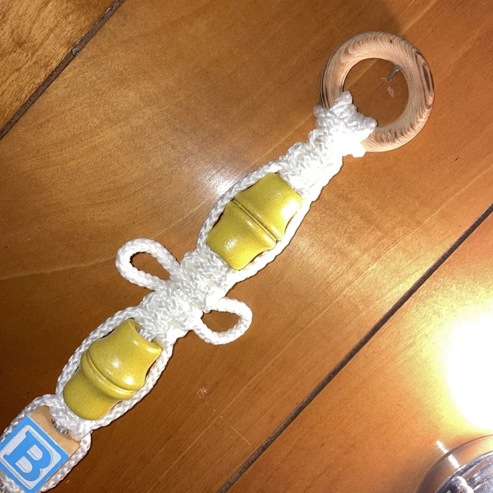 Vintage handmade macrame decoration hanging‎ wooden baby blocks bells yellow